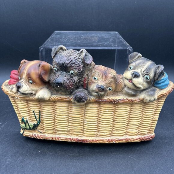 Wall Decor Dogs In A Basket with Cricket Chalkware Vintage Circa 1974 Kitsch - Picture 1 of 8